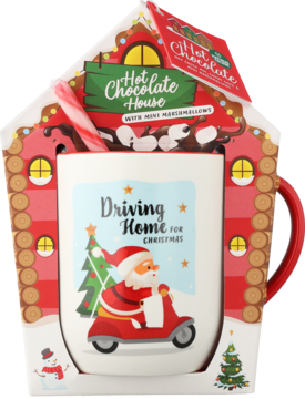 Santa's House mug: ceramiczny kubek z Mikołajem na skuterze, w świątecznym pudełku Hot Chocolate House.