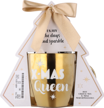 Time to shine Mugs: Złoty kubek 'X-MAS Queen' w opakowaniu choinki ze złotą wstążką. Widok z przodu.