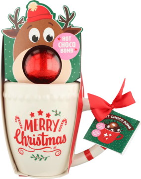 Zestaw: biały kubek "MERRY Christmas" z czerwoną kokardą i bombą czekoladową w opakowaniu renifera.