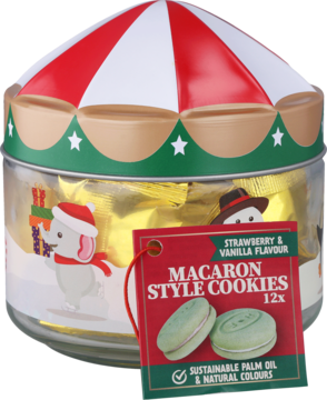 Karuselowy słoik z 12 ciasteczkami o smaku truskawkowo-waniliowym, z czerwoną pokrywką i świąteczną grafiką.