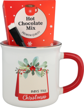 Joyfull Giftbox 2ass.: biały kubek świąteczny z napisem 'DAYS TILL Christmas', czerwona rączka, marker i gorąca czekolada.