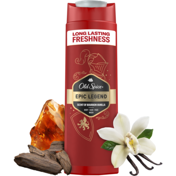 Czerwona butelka żelu Old Spice Legend 3w1 o zapachu wanilii i dębu, z kawałkami drewna i wanilii obok.