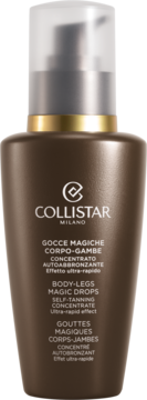 Collistar Magic Drops: brązowy koncentrat samoopalający do ciała i nóg w butelce z pompką, widok z przodu.