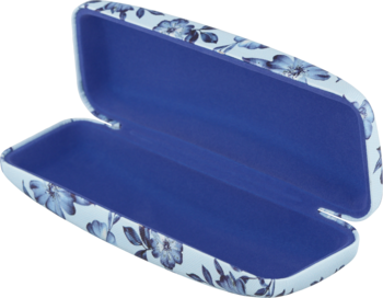 Otwarte, twarde etui na okulary w biało-niebieskie kwiaty z granatowym wnętrzem, widok z góry.