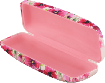 Otwarty, twardy futerał na okulary w kwiatowy wzór z różowym wnętrzem, widok z góry pod kątem.