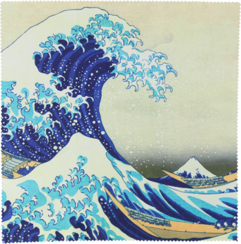 Reprodukcja japońskiego obrazu Hokusai "Wielka fala" z błękitnymi falami, pianą i górą Fuji w tle.