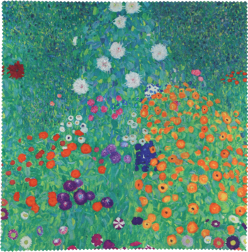 Obraz "Ogród Kwiatów" Gustava Klimta: gęsty, malowniczy ogród z feerią barwnych kwiatów: zieleni, pomarańczy, bieli i różu.
