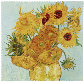Obraz Van Gogha Słoneczniki: bukiet żółto-pomarańczowych słoneczników w wazonie, wyraźne pociągnięcia pędzla na jasnoniebieskim tle.