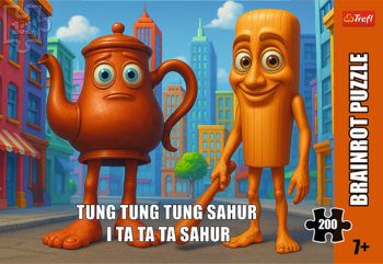 BRAINROT PUZZLE, 200 elementów. Kolorowe pudełko z wesołą postacią i smutnym dzbankiem w mieście.