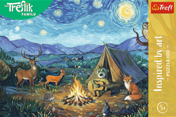 Pudełko puzzli Trefl Family 100 el. "Inspired by art": nocna sceneria z Van Gogha, zwierzęta przy ognisku.