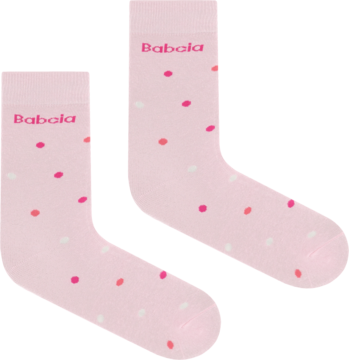 Dwie jasnoróżowe skarpetki Babala w różowe groszki, prezentowane obok siebie na jasnym tle.