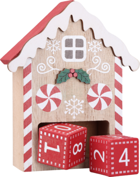 Drewniany kalendarz adwentowy w kształcie piernikowej chatki, z czerwono-białymi paskami i kostkami do zmiany dat.