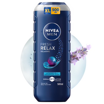 NIVEA MEN Fresh Relax żel 3w1: lawenda, cedr. Ciemnoniebieska butelka 500ml, widok z przodu.
