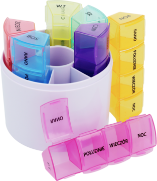 Wielokolorowy plastikowy organizer na leki, z przegródkami na dni i pory dnia, widok z góry i z boku.