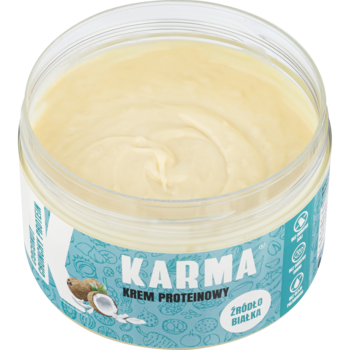 Karma Coconut Crunchy Protein, krem kokosowy, otwarty słoik z kremową masą, niebieska etykieta, widok z góry.