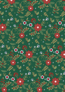 Zielony świąteczny wzór w czerwone kwiaty, jagody i liście ostrokrzewu, idealny na opakowania prezentowe.