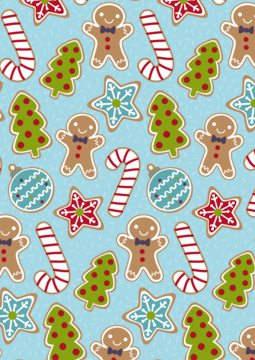 Seamless pattern z świątecznymi ciasteczkami: piernikami, laskami cukrowymi, gwiazdkami, choinkami na błękitnym tle.