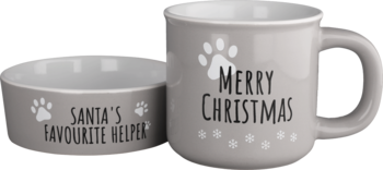 Eloy szary zestaw: miska dla pupila 'SANTA'S FAVOURITE HELPER' i kubek 'MERRY CHRISTMAS' z łapami, widok z przodu.