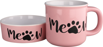 Eloy Zestaw: różowy ceramiczny kubek 350ml i miska dla pupila z napisem Meow i łapką.
