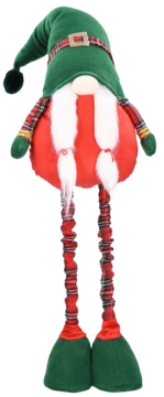 Bożonarodzeniowy krasnal z zieloną czapką i białą brodą, czerwony tułów, długie nogi w czerwoną kratę, widok z przodu.