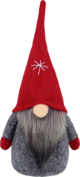 Czerwono-szary gnom świąteczny w spiczastej czapce z haftem gwiazdki, widok z przodu. Jasny nos, siwa broda.