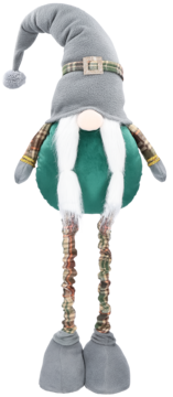 Pluszowa figurka gnoma: szara spiczasta czapka, zielony tułów z białą brodą, długie nogi w kamuflażu, widok z przodu.