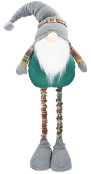 Pluszowa figurka gnomu: szara czapka, biały zarost, zielony tułów i długie nogi w szkocką kratę.