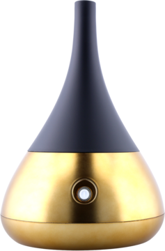 Złoto-czarny dyfuzor zapachowy, elegancki kształt łzy, matowa czerń i lśniące złoto, widok z przodu.