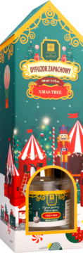 Świąteczny dyfuzor zapachowy Xmas Tree, 100ml, w turkusowym pudełku-domku z nutcrackerem, ukazującym butelkę.