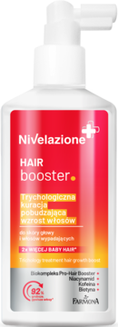 Biała butelka Nivelazione Hair Booster, kuracja trychologiczna pobudzająca wzrost włosów, widok z przodu.