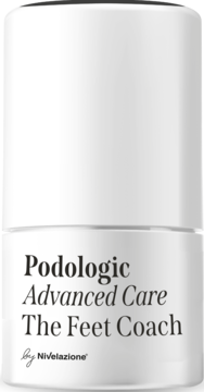 Biała butelka roll-on Podologic Advanced Care The Feet Coach, kwasowy peeling mikrozłuszczający do stóp, widok z przodu.