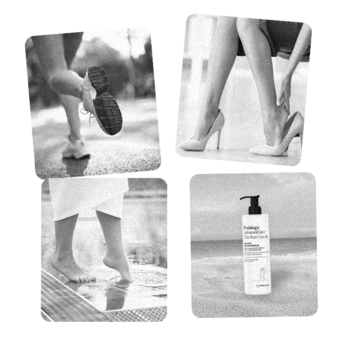 Kolaż b&w: Nivelazione maska borowinowa do stóp, biała butelka z pompką, stopy w ruchu, szpilkach i po kąpieli.