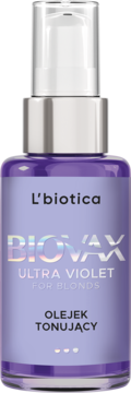 Fioletowy olejek tonujący L'biotica Biovax Ultra Violet do włosów blond, z pompką, widok z przodu.