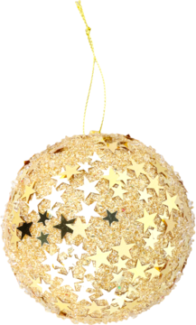 Okrągła, lśniąca złota bombka choinkowa z brokatowym wykończeniem i licznymi złotymi gwiazdkami, zbliżenie.