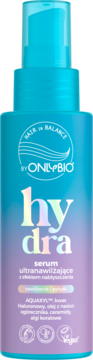 OnlyBio Hair in Balance Hydra serum ultranawilżające do włosów, turkusowo-fioletowa butelka z pompką.