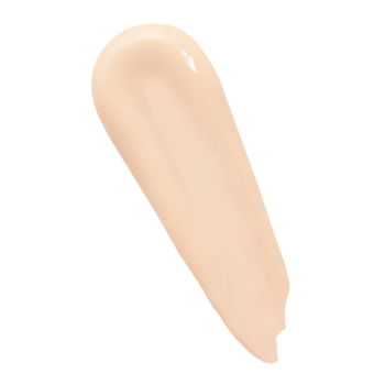 Próbka jasnego beżowego kremu Lumene CC SPF 20 z naturalnym wykończeniem, w kształcie kropli na czarnym tle.
