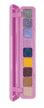 J.Cat Beauty Sweet Tooth Grape Crunch, otwarta różowa paleta, 9 błyszczących cieni: szary, fiolet, niebieski, róż, żółty, brąz, złoty, beż.