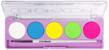 Otwarta paleta J.Cat Beauty Colorscope Bright z 5 neonowymi, wodnymi eyelinerami (biały, niebieski, żółty, zielony, różowy) i pędzelkiem.