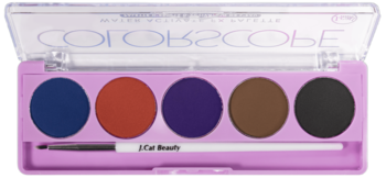 Paleta 5 eyelinerów J.Cat Beauty Colorscope Water Activate FX: granat, pomarańcz, fiolet, brąz, czerń, otwarty widok.