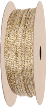 Złota błyszcząca wstążka ozdobna nawinięta na beżowej szpuli, widok z boku, z otworem na środku.