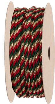 Dekoracyjny sznurek w świątecznych barwach: czerwony, zielony, złoty brokat. Nawinięty na tekturową szpulę.