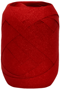 Rolka czerwonej, brokatowej wstążki do pakowania prezentów i dekoracji, widok z przodu.