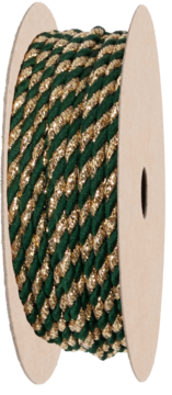 Zielono-złoty, błyszczący sznur dekoracyjny o skręconym wzorze, nawinięty na jasną szpulę, pełny widok.