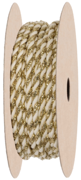 Dekoracyjny sznurek ozdobny kremowo-złoty z brokatem, skręcony, na kartonowej szpuli, widok z boku.