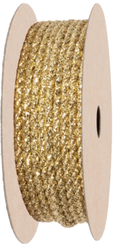 Złoty, błyszczący sznurek dekoracyjny nawinięty na papierową szpulkę, widok z boku.