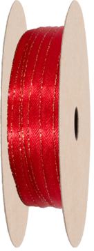 Czerwona satynowa wstążka ze złotym deseniem w paski, nawinięta na beżową tekturową szpulę, widok z boku.