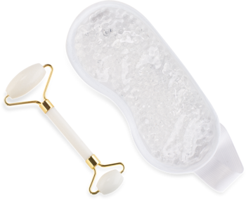 Biały jadeitowy roller ze złotem i żelowa opaska chłodząca Ewa Schmitt JADE CHILL zestaw.