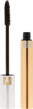 Yves Saint Laurent Mascara Volume Effet Faux Cils. Złota tuba z logo, wysunięta szczoteczka z brązowym tuszem.