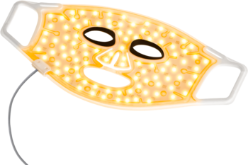 Maska LED na twarz Silk'n Facial LED Mask 100, żółta, świecąca, z otworami na oczy, lekko pod kątem.