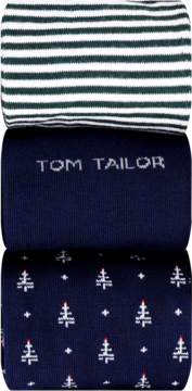 Zestaw złożonych skarpet Tom Tailor: w biało-zielone paski, granatowe z logo i świąteczne choinki.